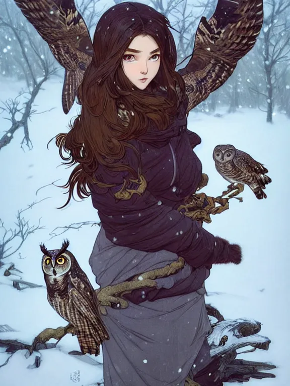 Image similar to full body picture of a huntress with owls in the winter, bored, coveted, beautiful and aesthetic, intricate, unreal engine, messy hair, highly detailed, detailed face, smooth, sharp focus, chiaroscuro, manga illustration, artgerm, greg rutkowski, ilya kuvshinov, rossdraws, alphonse mucha, young adult light novel cover art