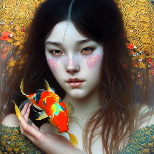 Prompt: Portrait of a girl surrounded by Koi fish, face, fantasy, intricate, elegant, highly detailed, digital painting, artstation, concept art, smooth, sharp focus, illustration, art by Dapeng song and Artem Demura and alphonse mucha