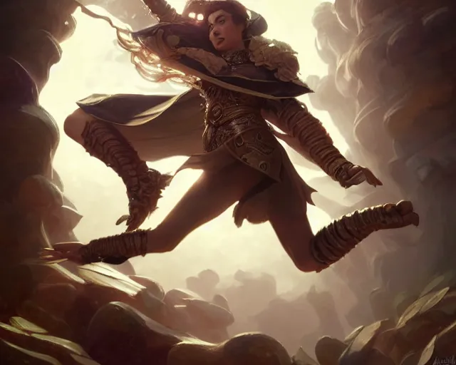 Image similar to spinning heel kick, deep focus, d & d, fantasy, intricate, elegant, highly detailed, digital painting, artstation, concept art, matte, sharp focus, illustration, hearthstone, art by artgerm and greg rutkowski and alphonse mucha