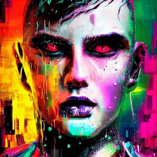 Prompt: splashes of neon, mowhawk, punk portrait made out of paint with rain in the background, trending on artstation, epic composition, emotional, beautiful, rendered in octane, highly detailed, realistic, tim burton comic book art, sharp focus, matte painting, unreal engine