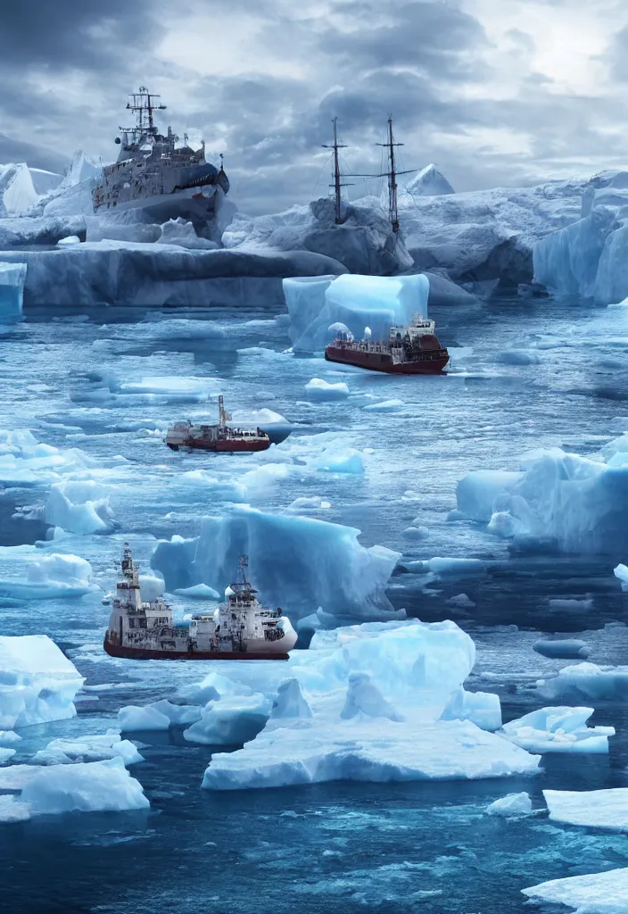 Image similar to ship being persecuted by a police ship over raging turbulent waters in antartica, icebergs in the background, hyper realistic, highly detailed, digital art, apocalyptic, intimidating lighting, raytracing, sharp focus, smooth, dramatic action scene