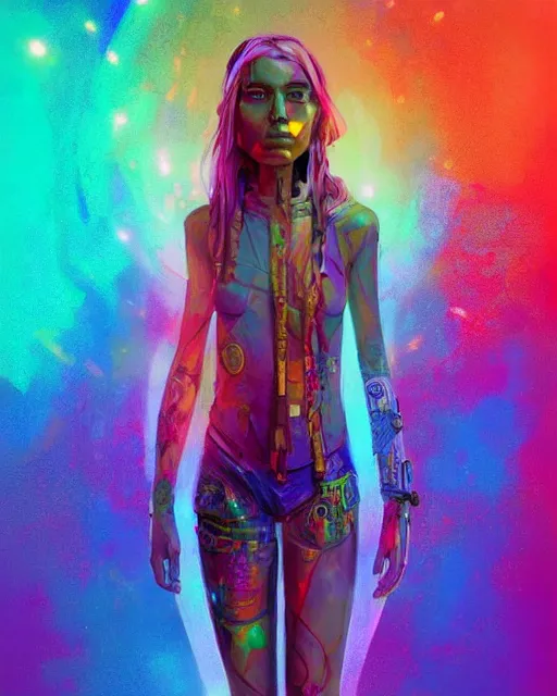 Image similar to colorful full body portrait of a hippie, set in the future 2 1 5 0 | highly detailed | very intricate | symmetrical | professional model | cinematic lighting | award - winning | painted by mandy jurgens and ross tran | pan futurism, dystopian, bold psychedelic colors, cyberpunk, groovy vibe, anime aesthestic | featured on artstation