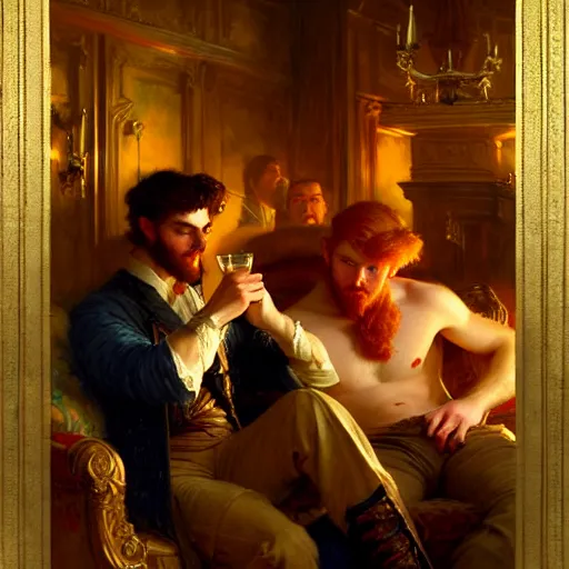 Prompt: attractive male mike and attractive male tyler, one is ginger and the other brunet, drinking their hearts out, in their noble mansion, at night. highly detailed painting by gaston bussiere, craig mullins, j. c. leyendecker 8 k