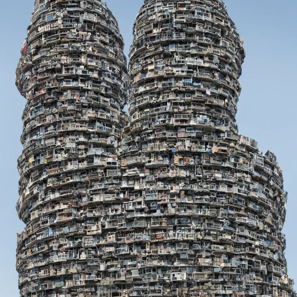 Prompt: a circular tower, made up of colourful makeshift squatter shacks, dystopia, sony a 7 r 3, f 1 1, fully frontal view, ultra detailed, photographed by hiroshi sugimoto,