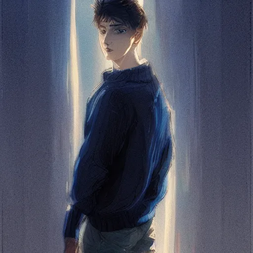 Image similar to portrait of a very feminine teenage boy with blue eyes and brown hair, smiling, wearing an oversized sweater, dramatic lighting, illustration by Greg rutkowski, yoji shinkawa, 4k, digital art, concept art, trending on artstation