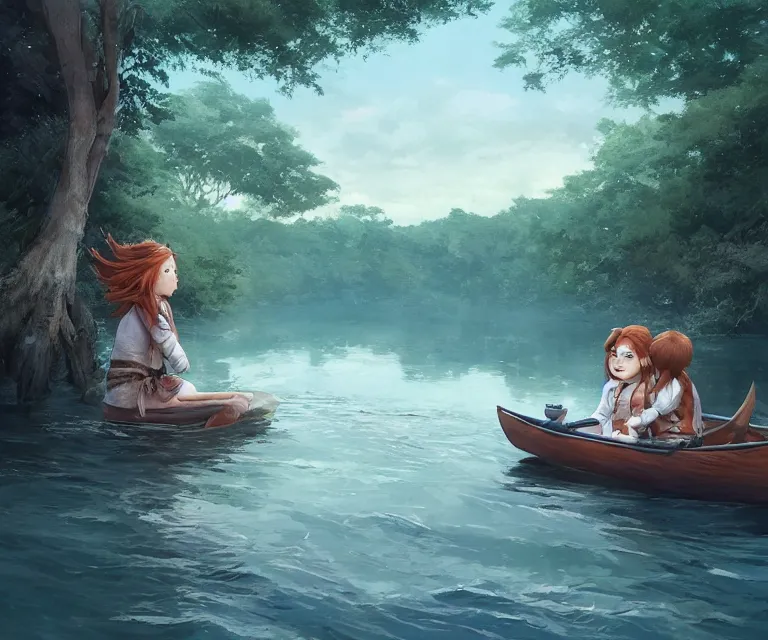 Image similar to a girl with long, flowing auburn hair, and a boy with short hair sitting together in a small wooden paddle boat sailing down a narrow river in a forest, rocky shore, trees, shady, blue waters, ripples, waves, reflections, details, sharp focus, illustration, by Jordan Grimmer and greg rutkowski, Trending artstation, pixiv, digital art