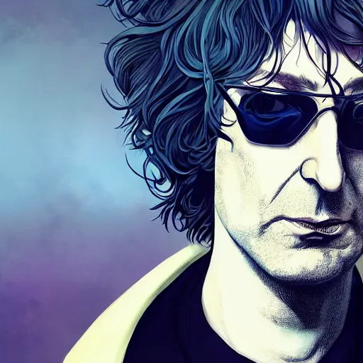 Image similar to closeup portrait of Neil Gaiman as The Sandman, pale skin, long black leather jacket, unruly hair, ambient lighting, 4k, anime key visual, lois van baarle, ilya kuvshinov, rossdraws, artstation