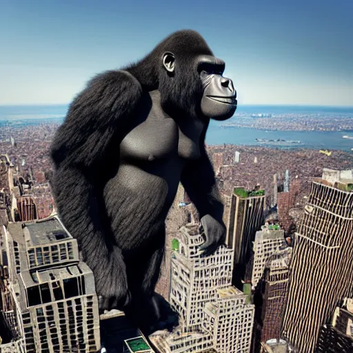 Image similar to giant gorilla on the top of new york, beautiful dynamic lighting, cinematic, extremely high detail, photo realistic, cinematic lighting, 8 k