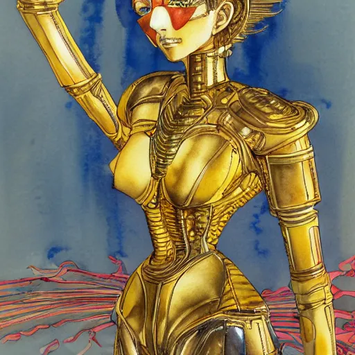 Image similar to a Royal portrait of gold android woman as illustrated by Yoshitaka Amano. 1991. Watercolor and Acrylic on Paper