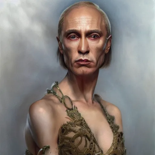 Image similar to vladimir putin, is a drag queen, drees, high heels fantasy 3 d render, masterpiece, by donato giancola and greg rutkowski and wayne barlow and zdzisław beksinski, realistic face