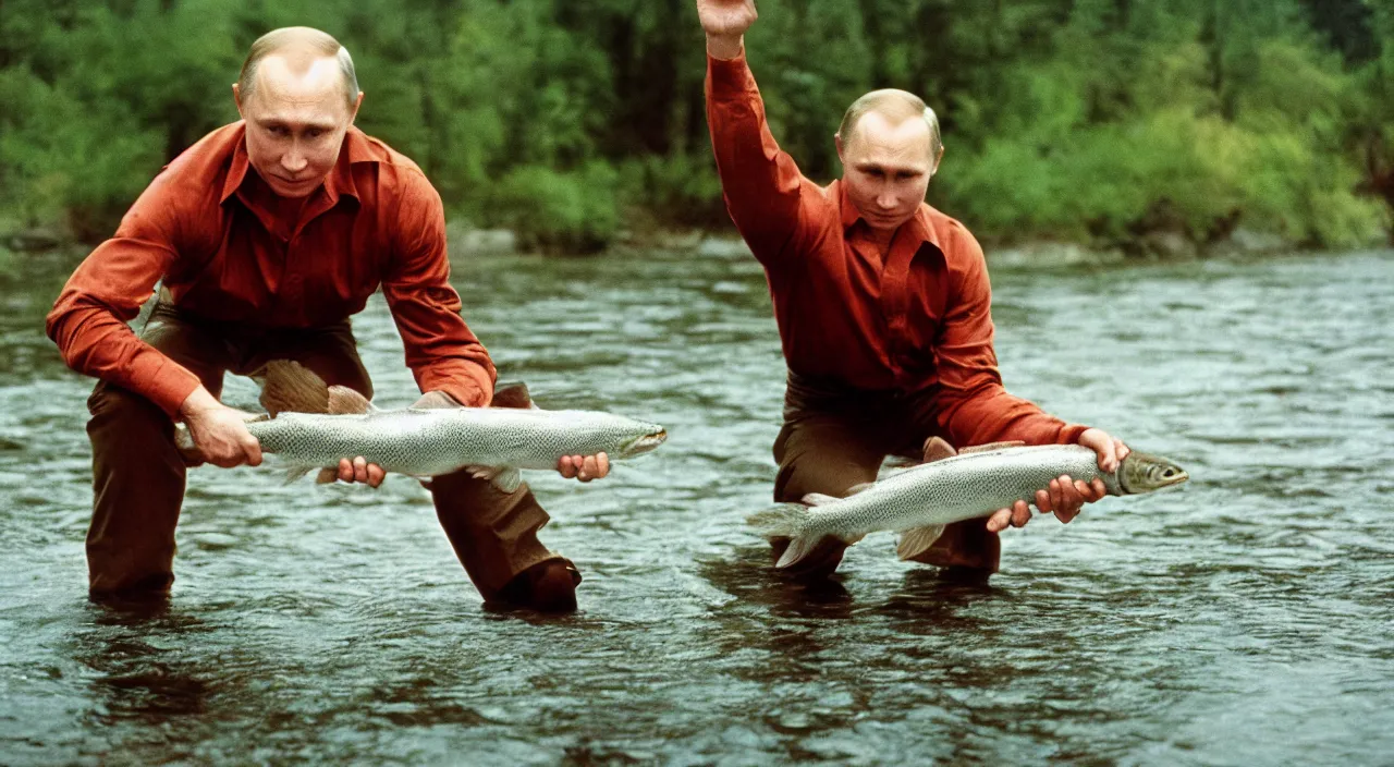 Image similar to 7 0 s movie still of putin catching a salmon with his hands, cinestill 8 0 0 t _ 3 5 mm eastmancolor, heavy grain, high quality, high detail