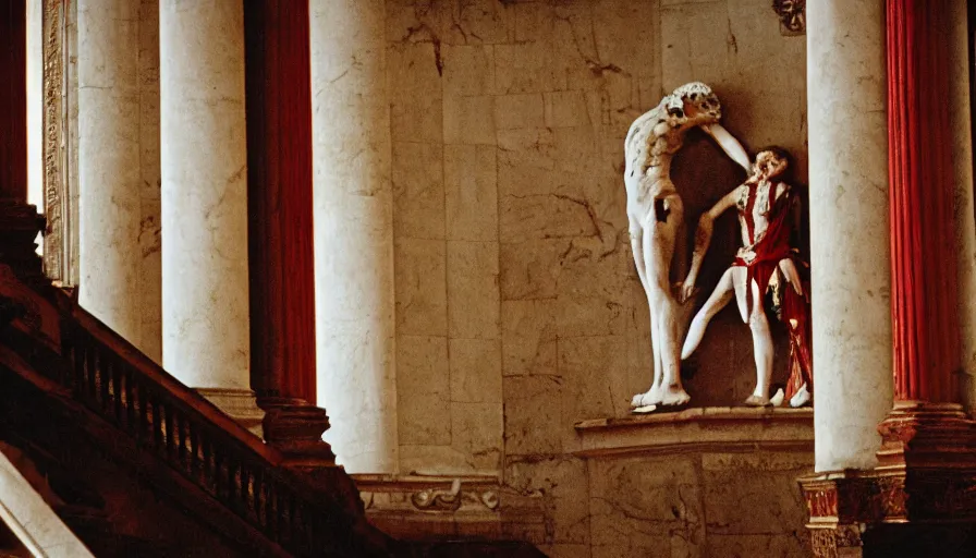 Prompt: 1 9 7 0 s movie still close - up of caligula dead - slaughtered on huge stairs in a classical room with columns, cinestill 8 0 0 t 3 5 mm, high quality, heavy grain, high detail, dramatic light, cinematic composition, anamorphic, blood, bleeding, by raphael