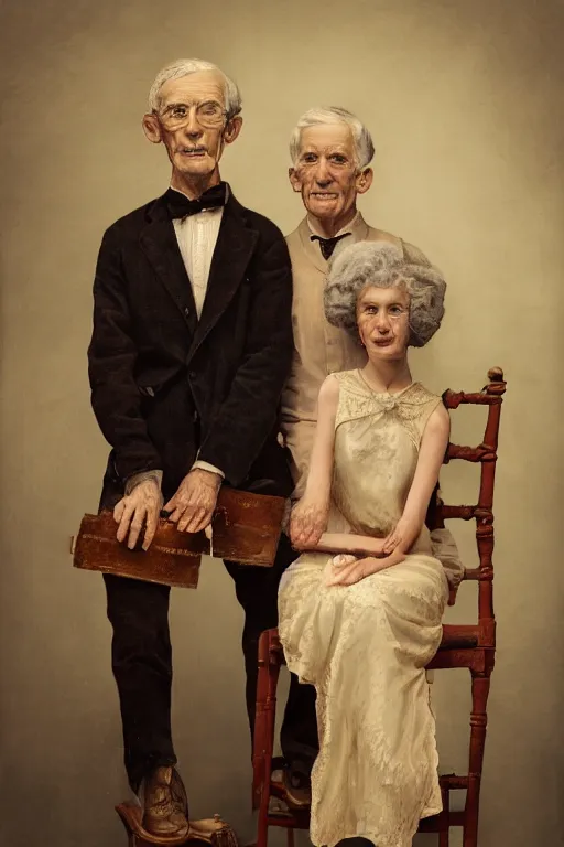 Prompt: a beautiful ultradetailed fine art old vintage couples portrait photo of two people sitting on a chair and standing, by tom bagshaw and zach sutton, couples portrait, vignette, 35mm lens, golden ratio composition, studio photography, very detailed, humanoids, artstation, 8k, highly coherent