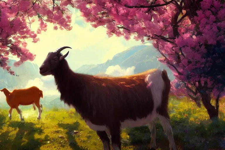 Image similar to goat surrounded by rainbows with his goat friend, marijuana trees, sakura trees, sakura season dynamic lighting, landscape, artwork by jeremy lipkin and giuseppe dangelico pino and michael garmash and rob rey and greg manchess and huang guangjian and makoto shinkai, pixiv, 1 0 0 mm