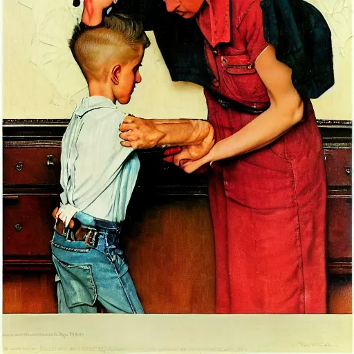 Image similar to A proud mother cutting her son's hair artwork by Norman Rockwell