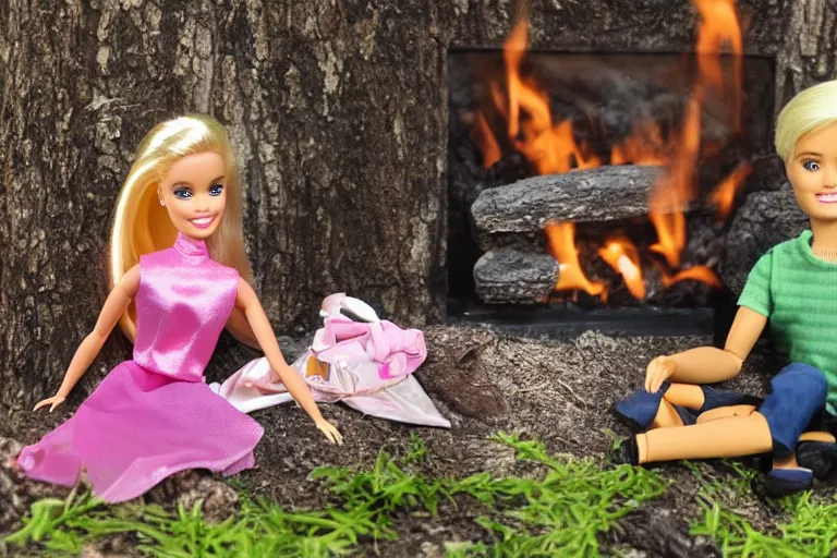 Image similar to Barbie and Ken sitting in the forest near the fireplace, Ken's face is melting, night, high-resolution photo,