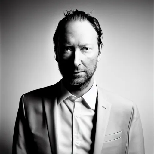 Prompt: a black and white photo of radiohead in a suit, a portrait by John E. Berninger, behance, private press, ultrafine detail, chiaroscuro, studio portrait