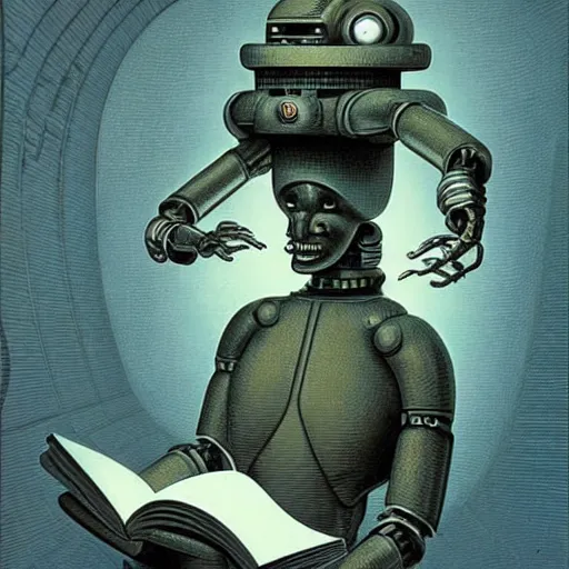 Image similar to retro dark vintage sci-fi, 2D matte illustration, robot reading a book, art by Szukalski, Beksinski