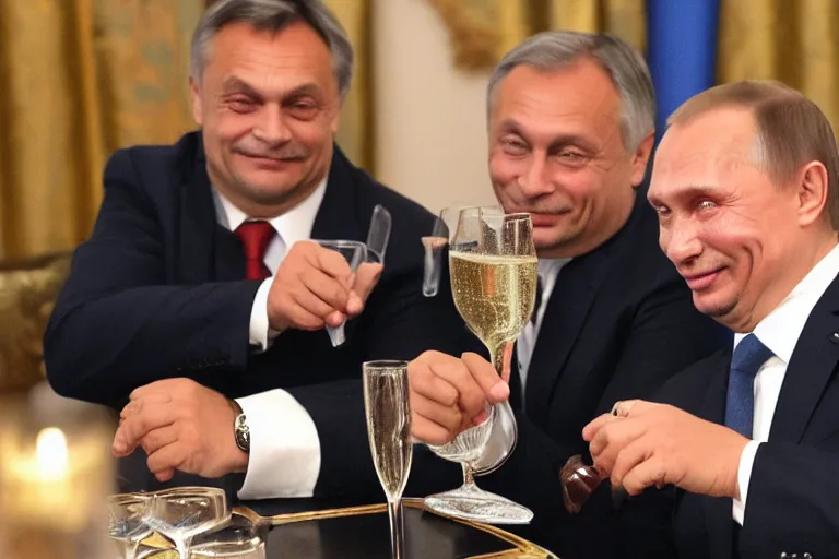 Image similar to viktor orban winking and drinking champagne with putin in front a burning city