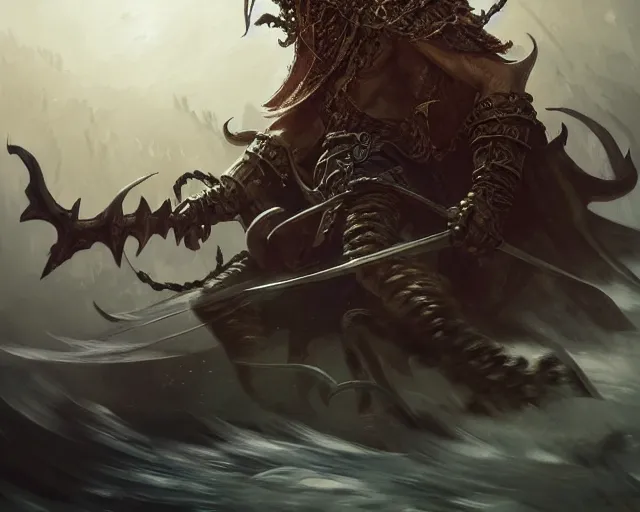 Image similar to an evil pirate from elden ring, fighting a monster, movement, deep focus, d & d, fantasy, intricate, elegant, highly detailed, digital painting, artstation, concept art, matte, sharp focus, illustration, hearthstone, art by artgerm and greg rutkowski and alphonse mucha