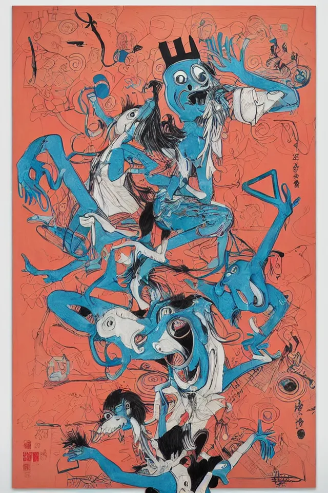 Image similar to painting animal puppet show head banging drummer 9 0 s music song groove is in the heart, we're going to dance and have some fun, painted by james jean in chinese style