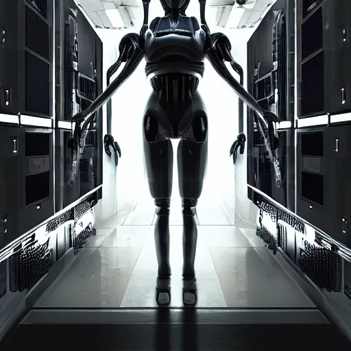 Prompt: symmetrical anthropomorphic android working in sci - fi server room. cinematic shot from alien isolation