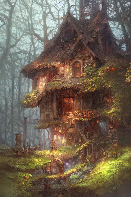 Image similar to a storybook style ramshackle multistory fairytale hut in the forest, by Marc Simonetti, intricate, elegant, fantasy, highly detailed, digital painting, concept art, sharp focus, artstation