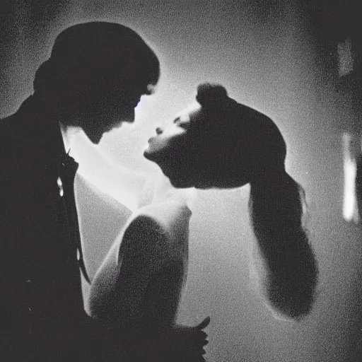 Image similar to a night - vision photo of prince kissing a woman in low light. it's so dark, you can barely make out their features.