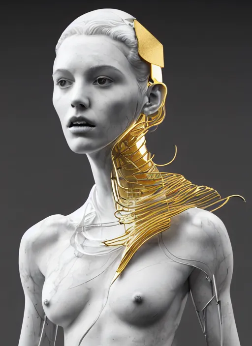 Prompt: a statue made of white marble with gold veins, of an seductive gorgeous futuristic cybernetic angel girl, prostheses, transhumanism, full body shot, perfect symmetrical body, perfect symmetrical face, hyper realistic, hyper detailed, by johannen voss, by peter kemp, by monia merlo, by michelangelo, octane render, blender, 8 k