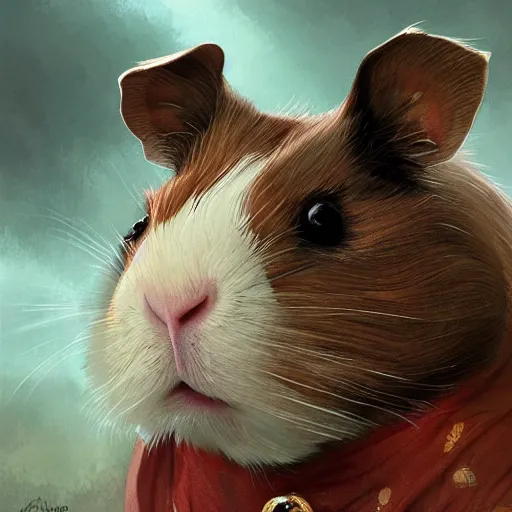 Image similar to A heraldic Prince Guinea Pig with big cute eyes portrait, D&D, fantasy, intricate, cinematic lighting, highly detailed, digital painting, artstation, concept art, smooth, sharp focus, illustration, art by Akihiko Yoshida, Greg Rutkowski and Alphonse Mucha