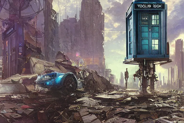 Image similar to photograph of a single tardis sat on the streets of a cyberpunk abandoned city, by greg rutkowski, by stanley artgerm, by alphonse mucha