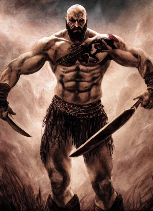 Image similar to a highly detailed beautiful 3 5 mm closeup photo of jason momoa kratos hybrid god of war holding a sword and fighting zombies on a pile of human skulls, spartan warrior, olympian god, muscular!, frank frazetta, boris vallejo, action pose, ambient lighting, volumetric lighting, octane, fantasy