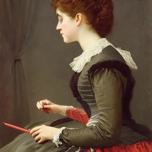 Image similar to young victorian lady in ball gown, absent - minded chewing on the end of a pencil, painted by alfred stevens