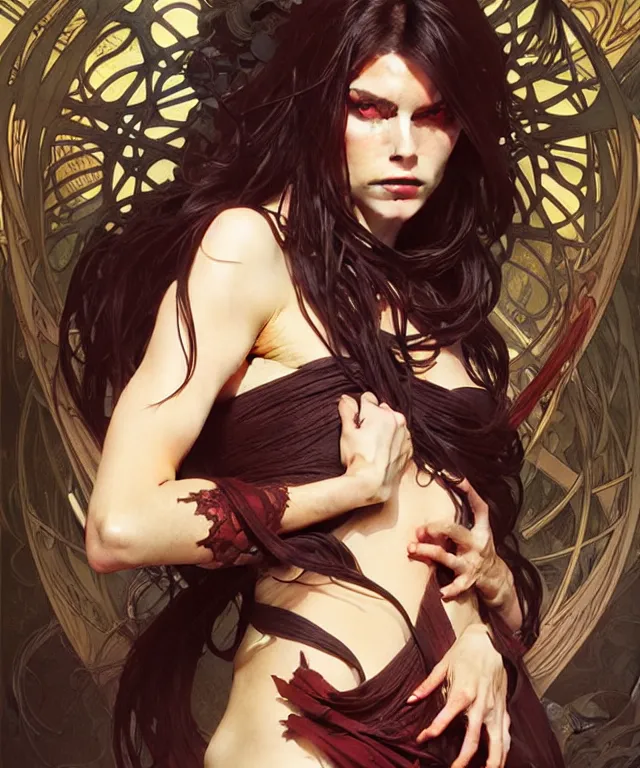 Image similar to a powerful angry demon witch, portrait, intricate, elegant, highly detailed, smooth, sharp focus, art by artgerm and greg rutkowski and alphonse mucha