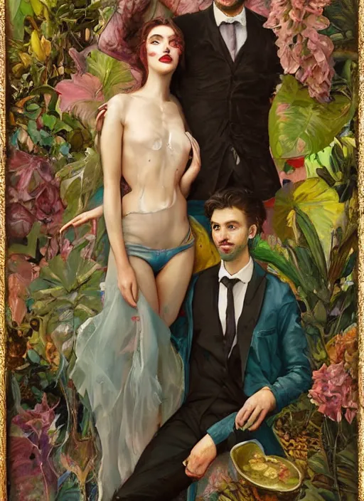 Image similar to an excited couple redefining love in a caffe surrounded by plants, expressionist painting by Francis Bacon and tom bagshaw, artstation