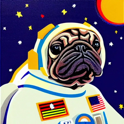 Prompt: pixel art, oil canvas, highly detailed, astronaut pug in space.