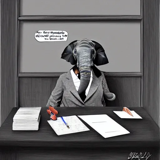 Prompt: an elephant as a secretary in 50's office, digital art