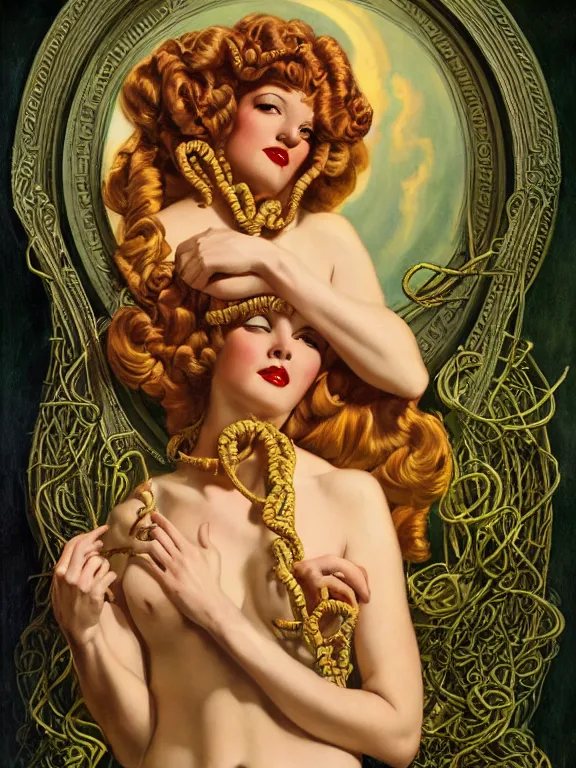 Image similar to Sidney Sweeney as the Medusa Gorgon, a beautiful art nouveau portrait by Gil elvgren, Greek temple environment, centered composition, defined features, golden ratio, gold jewlery, photorealistic professionals lighting, cinematic, sheer