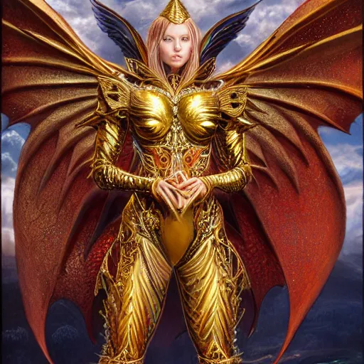 Image similar to a beautiful symmetrical muscular full body wearing a dragon armor with wings made of golden ornaments and gems, by alex gray and android jones , Karol Bak, Ayami Kojima, Amano , concept art, character design, fantasy,3D, 8k resolution