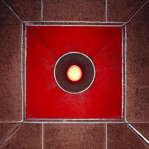 Prompt: red light from above shines through and casts an ornate pattern on the floor below