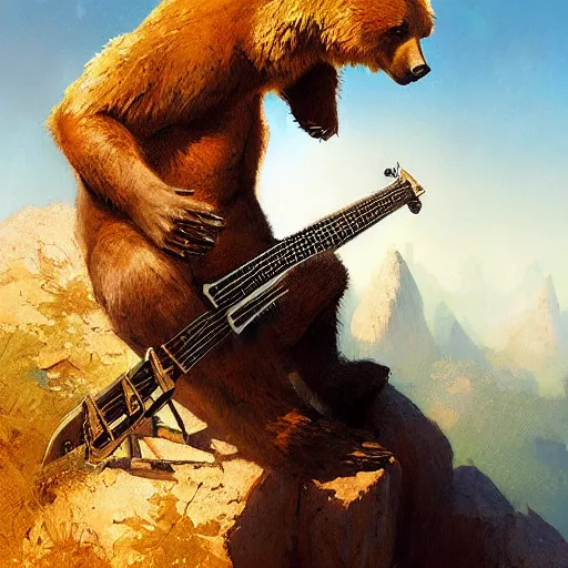 Image similar to realistic bear playing fantastic angularly guitar, fantasy character portrait by Greg Rutkowski, Craig Mullins, Gaston Bussiere