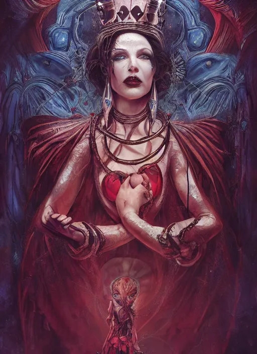 Image similar to queen of hearts the magician tarot card, highly detailed, cinematic, 8 k, by megan duncanson, stanley artgermm, tom bagshaw, craig mullins, carne griffiths, ayami kojima, beksinski, giger, trending on deviantart, hyper detailed, horror, full of colour