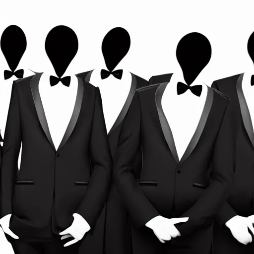 Image similar to a group of faceless humans with long limbs wearing tuxedos