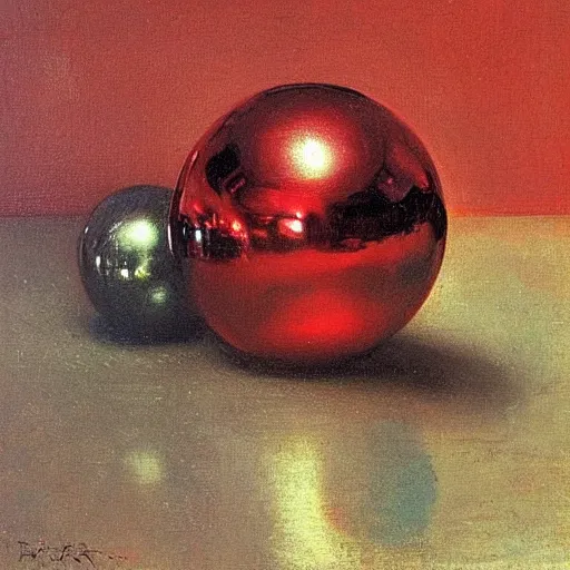 Prompt: chrome spheres on a red cube by ilya repin