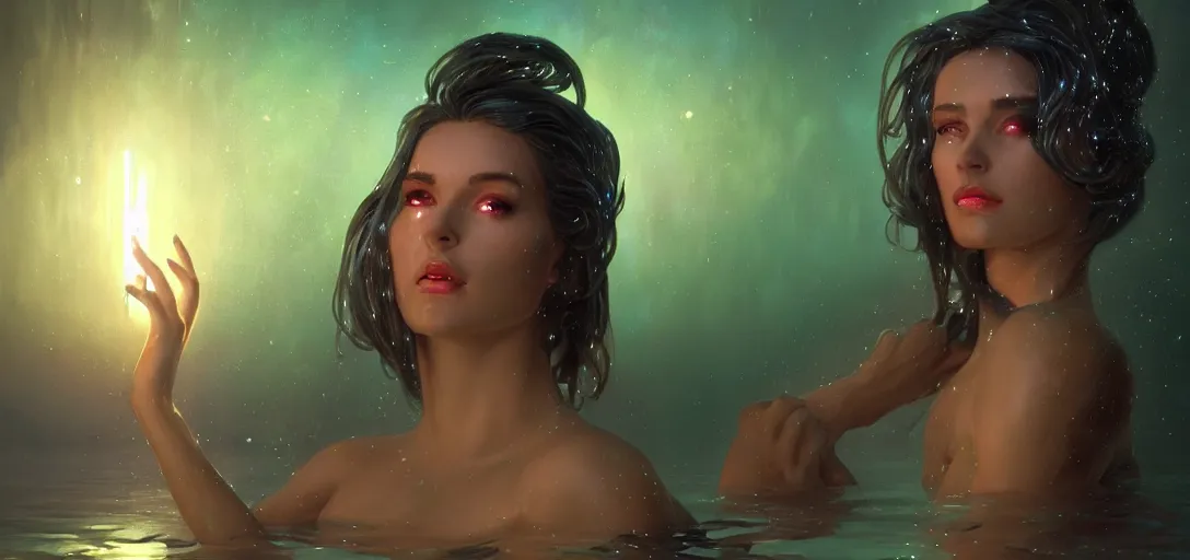 Prompt: epic fantasy render portrait of a beautiful bioluminescent woman wearing shiny plastic armor bathing in a lake, dark retrowave, highly detailed, digital painting, cinematic, hyperrealism, rpg portrait, dynamic lighting, art by boris vallejo and stefan kostic and magali villeneuve and alphonse mucha, artstation, octane render, cgsociety