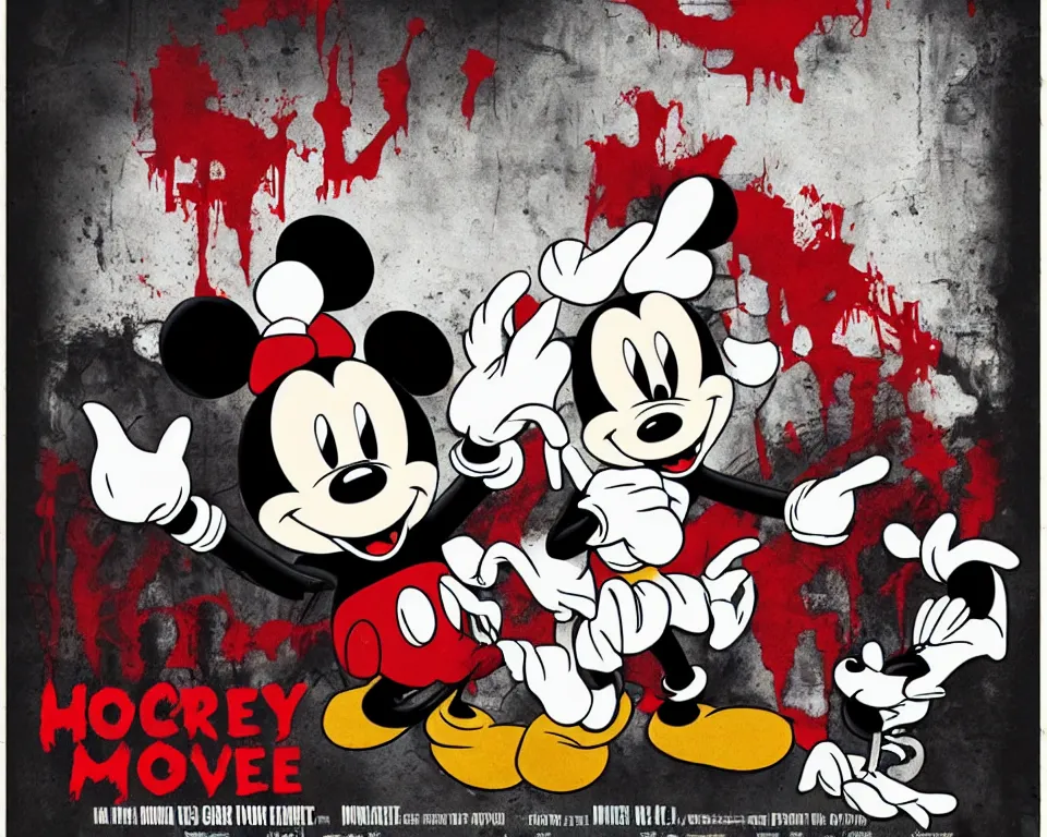 Image similar to a horror movie poster featuring Mickey Mouse