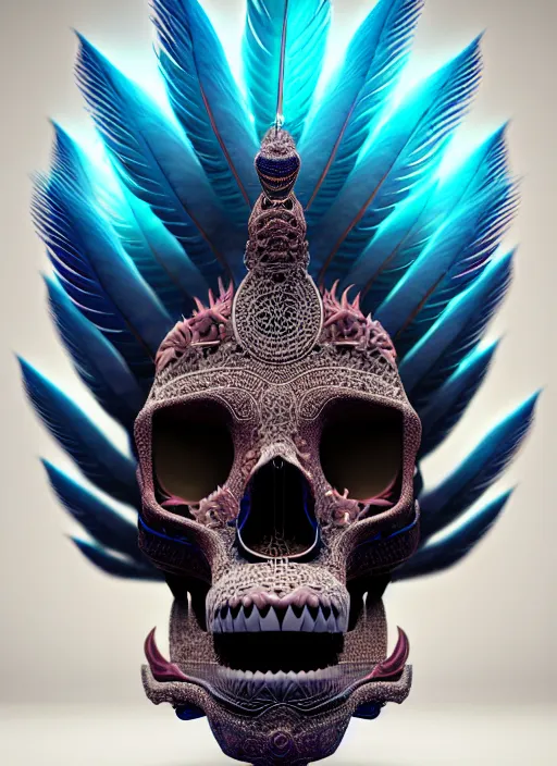 Image similar to 3 d goddess profile portrait, sigma 5 0 0 mm f / 5. beautiful intricate highly detailed quetzalcoatl skull and feathers. bioluminescent, plasma, lava, ice, water, wind, creature, thunderstorm! artwork by tooth wu and wlop and beeple and greg rutkowski, 8 k trending on artstation,