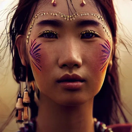 Image similar to portrait of a stunningly beautiful asian steppes tribal female, depth of field, zeiss lens, detailed, symmetrical, centered, fashion photoshoot, by Annie Leibovitz and Steve McCurry, David Lazar, Jimmy Nelsson, Breathtaking, 8k resolution, extremely detailed, beautiful, establishing shot, artistic, hyperrealistic, beautiful face, octane render