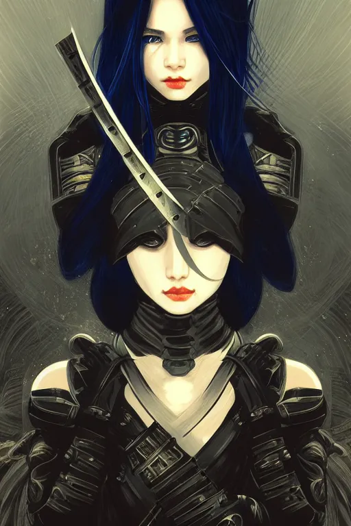 Image similar to portrait Ninja gaiden girl, armored black and blue ninja wardrobe, in ruin japanese rainny temple night, ssci-fi and fantasy, intricate and very very beautiful and elegant, highly detailed, digital painting, artstation, concept art, smooth and sharp focus, illustration, art by tian zi and WLOP and alphonse mucha