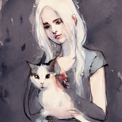 Prompt: Ciri holding a cat, art, minimalistic painting, watercolor on paper, high quality, by Berthe Morisot, by Conrad Roset, trending on artstation